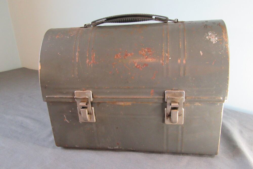 Vintage Domed Top Silver Metal Lunch Box Carry Handle Workman Style